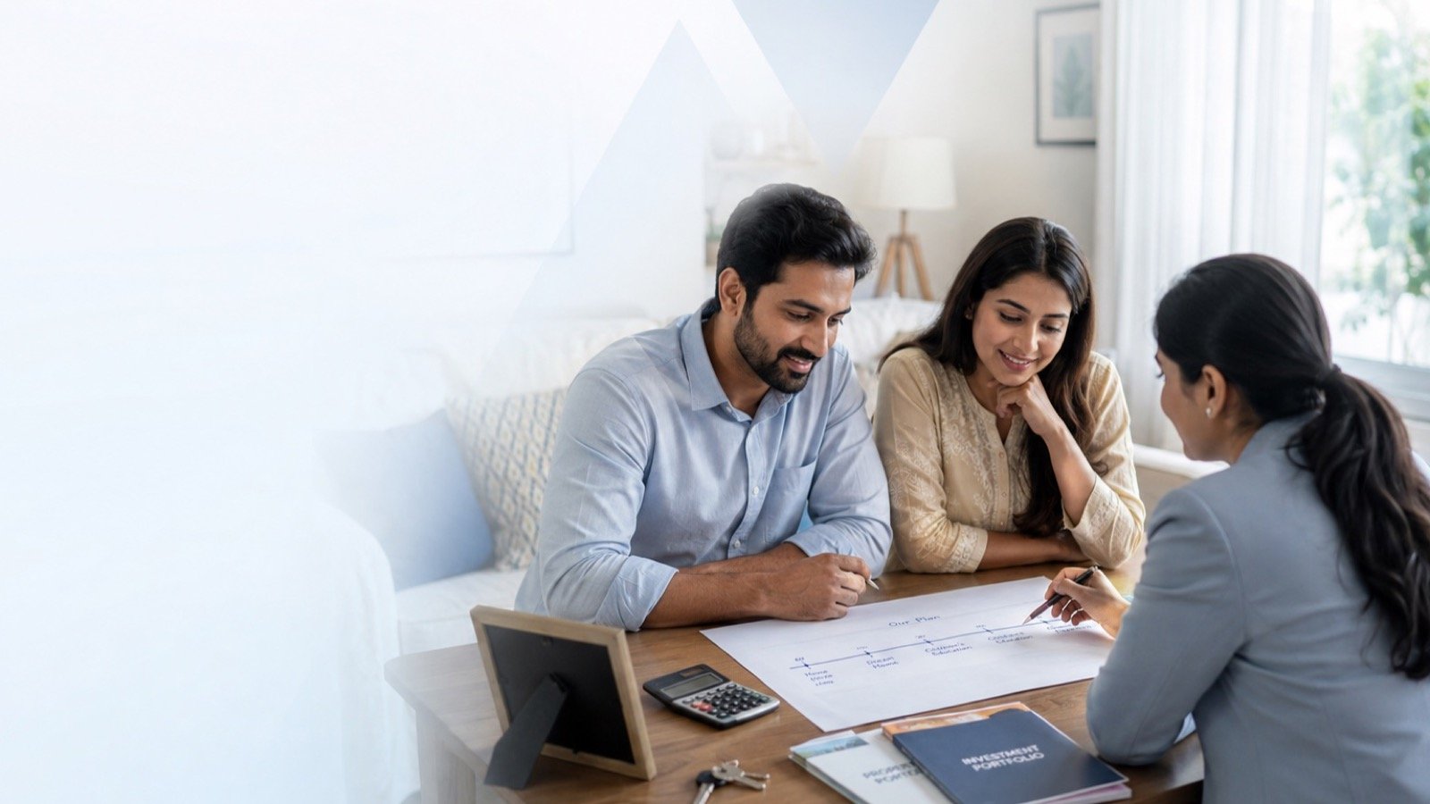 A financial adviser mapping long-term goals with an Indian couple at home