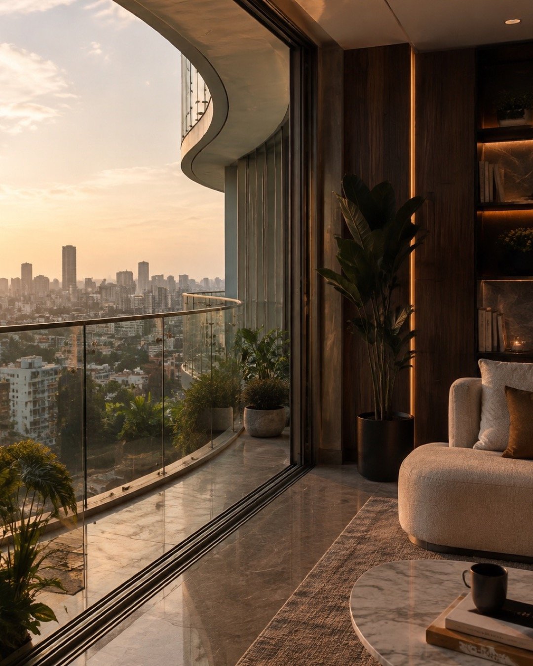 A curved glass balcony and contemporary Mumbai apartment at golden hour