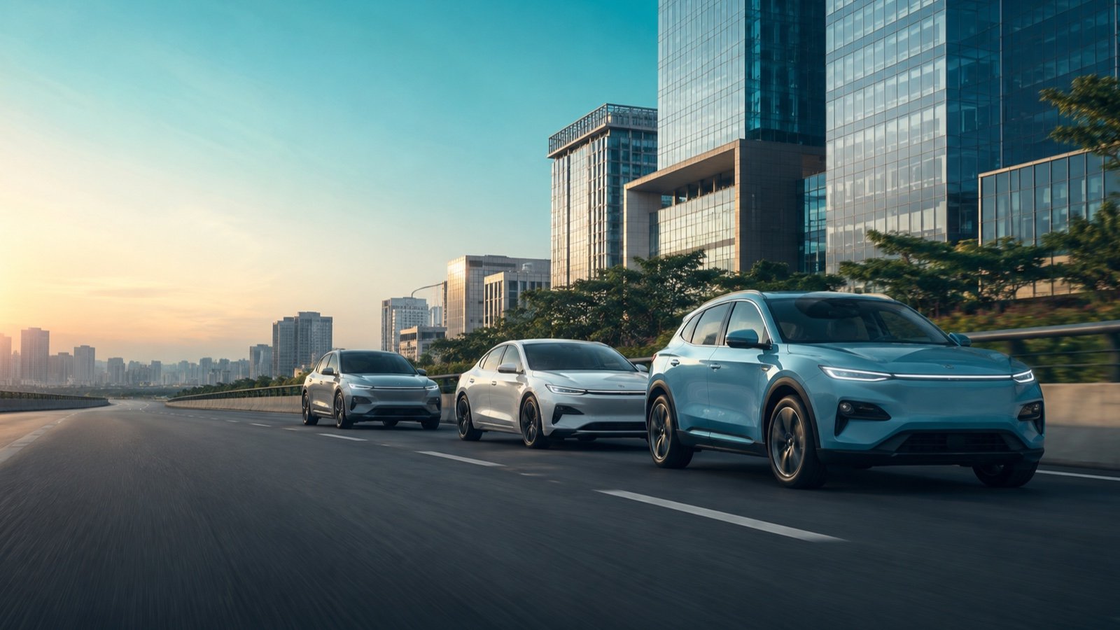A coordinated electric vehicle fleet moving through a modern business district