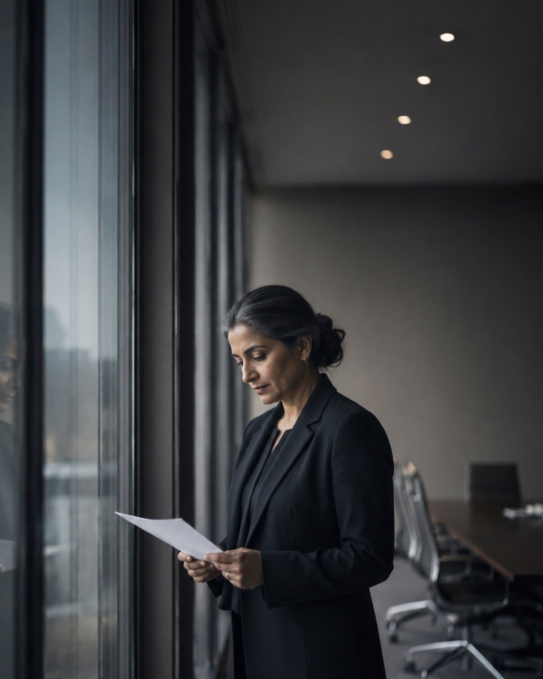 A senior executive reviewing a brief beside a global boardroom window