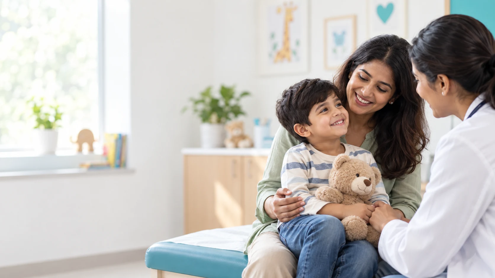 A mother and child speaking with a clinician in a calm pediatric consultation room