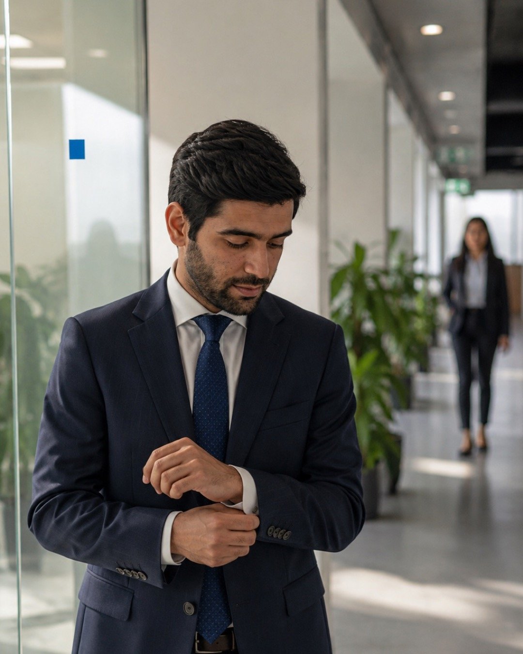 An Indian executive preparing for a meeting in a sunlit office corridor