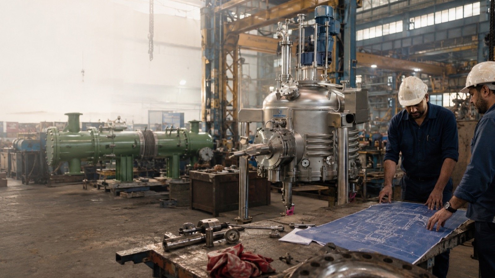 Engineers reviewing an ANFD process vessel and heat exchanger in a fabrication hall