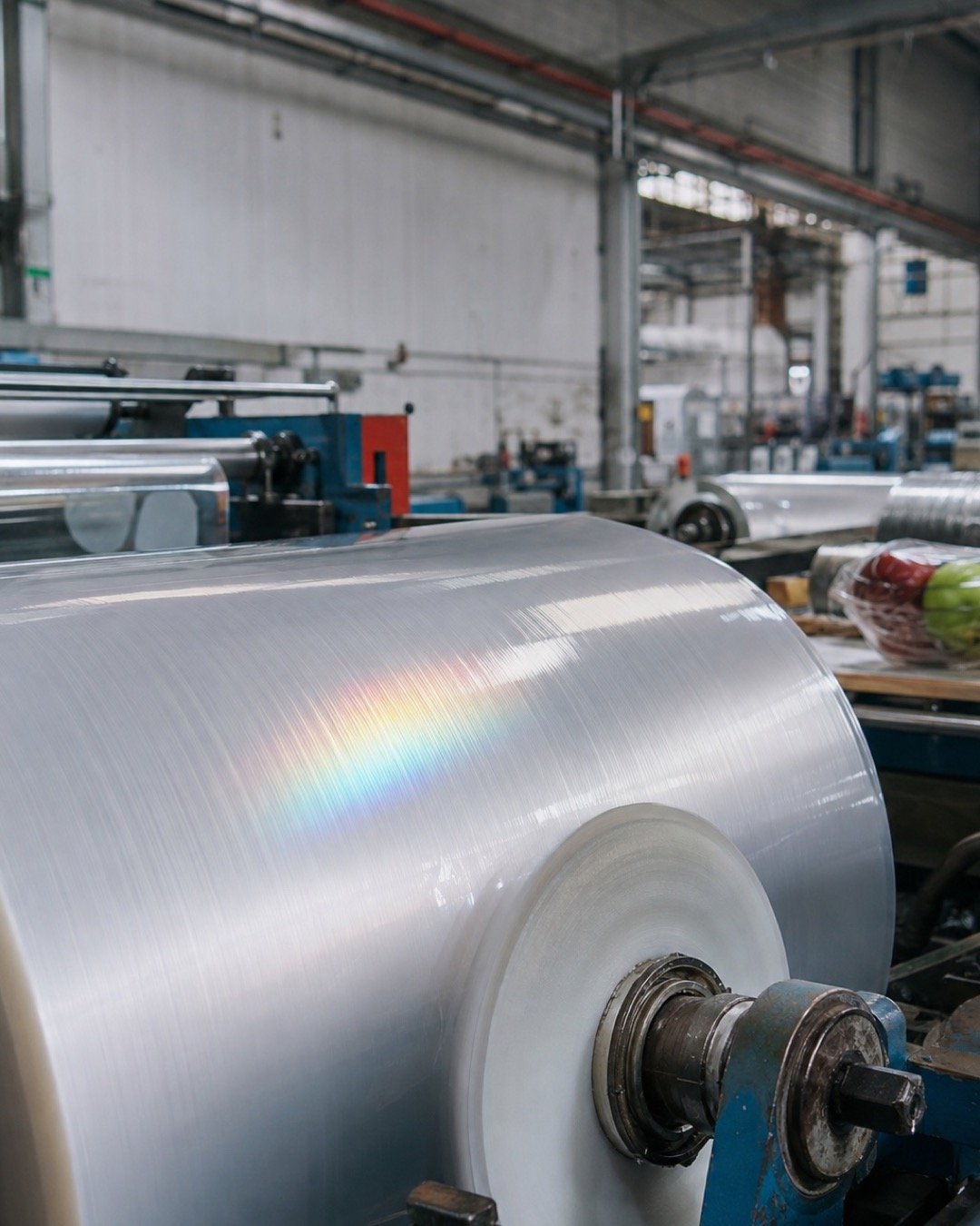 A translucent flexible-film roll on a working packaging production line